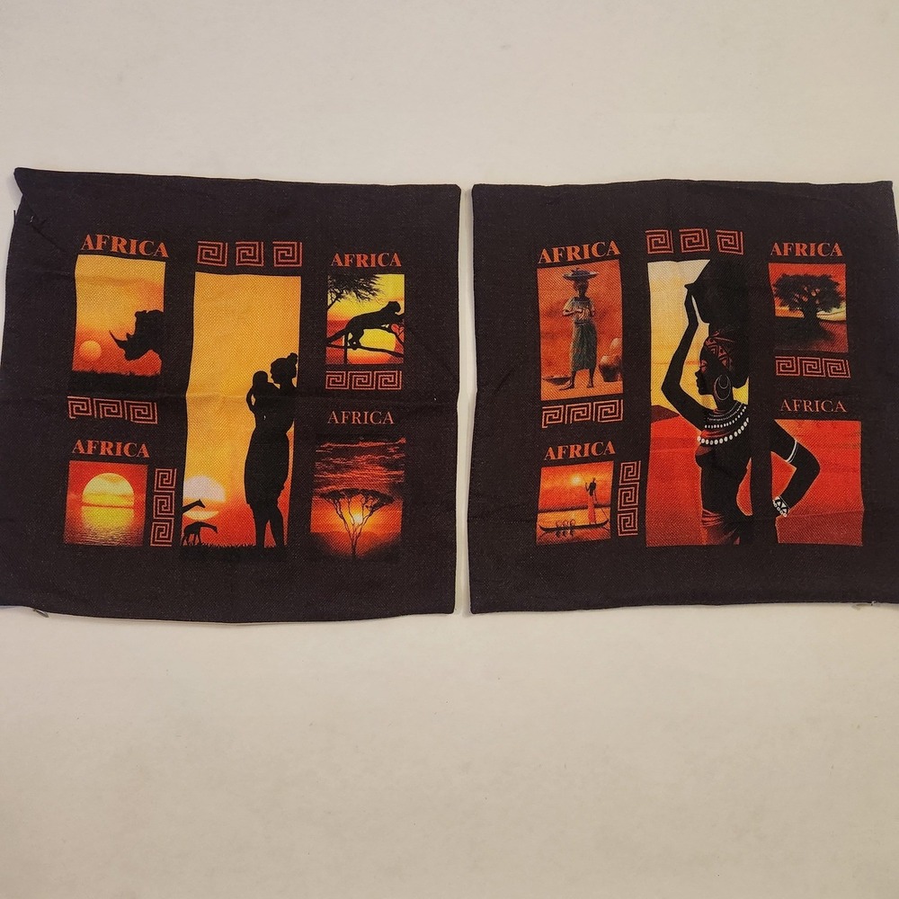 Set of 2 African Sunset Silhouette Throw Pillow Covers Black Orange 17.5x17.5